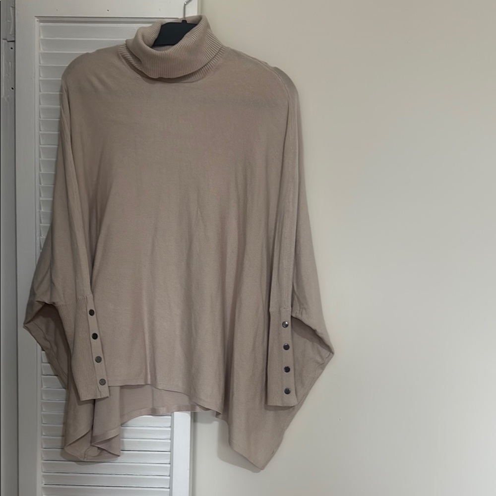 Beige Turtleneck Poncho with Button Details